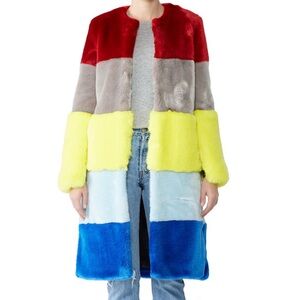 OSMAN Colorblock Teddy Coat in Red, Gray, Yellow & Blues